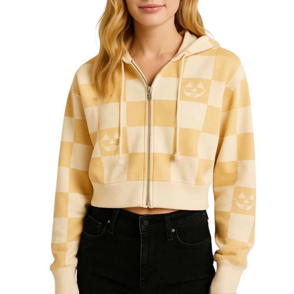 Mighty Fine Womens Cream Checkered Pumpkin Face Print Cropped Hoodie Size S NWOT